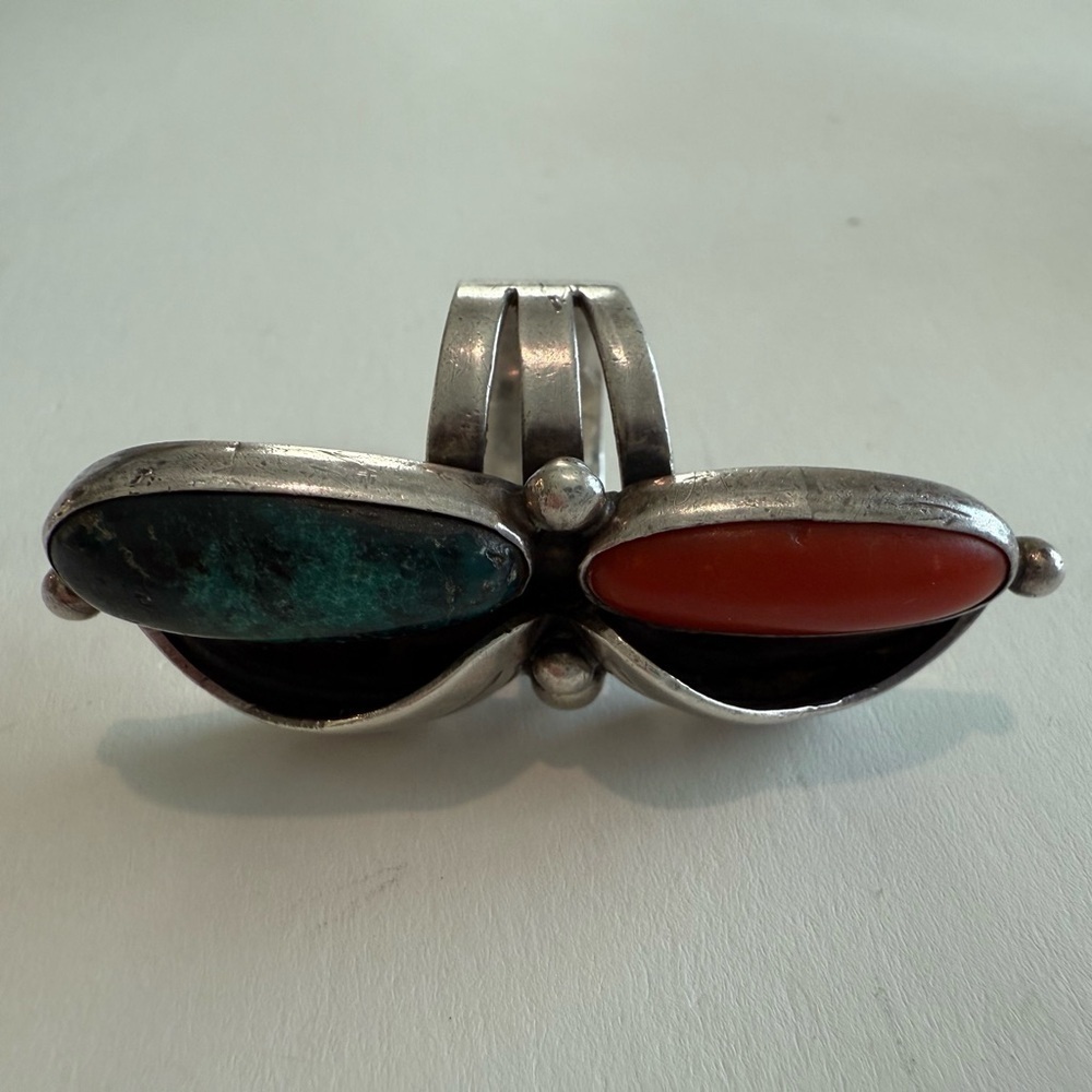 Tony Sanchez Handmade Sterling Silver Turquoise & Coral Leaf Ring Size 5.5 - Picture 5 of 7